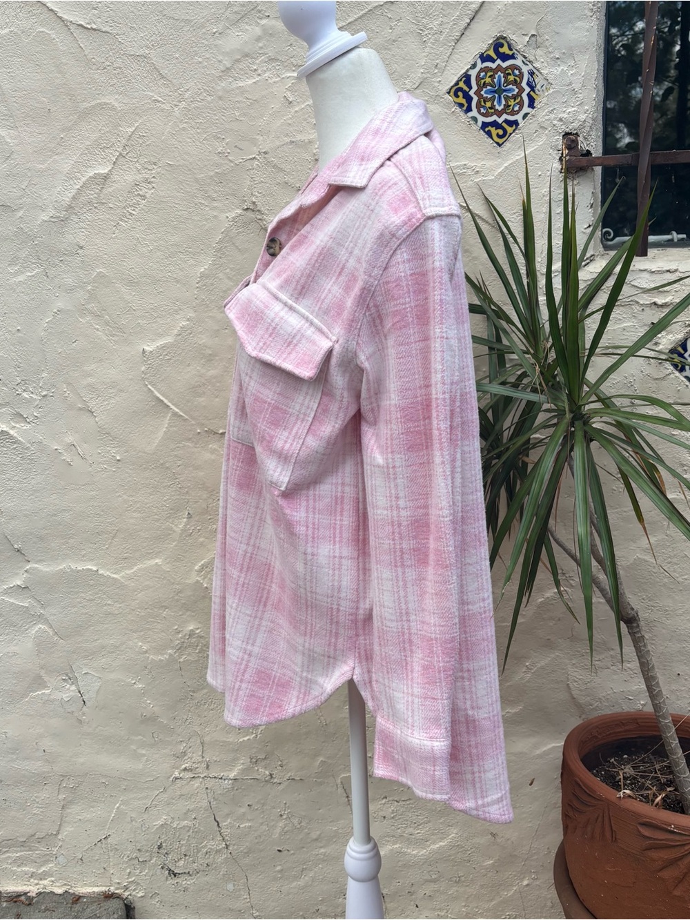 BEACH LUNCH LOUNGE Pink Plaid Button-Front Shacket - Picture 3 of 10